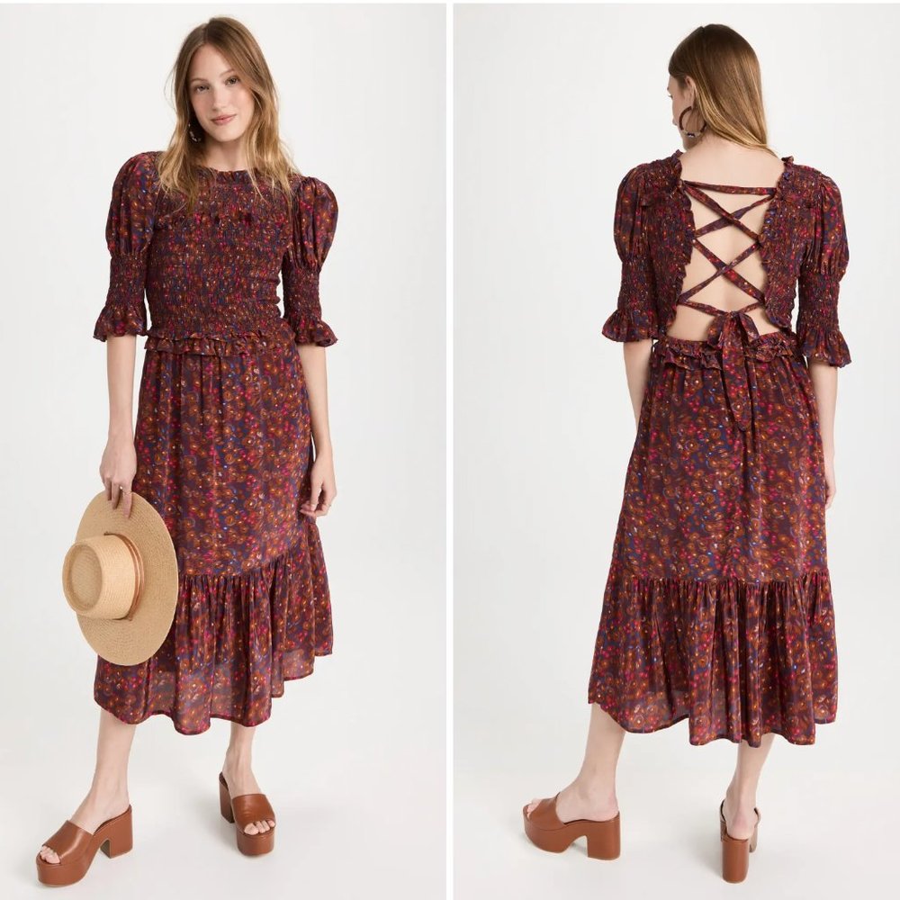SEA Ilana Ikat Puff Sleeve Smocked Dress